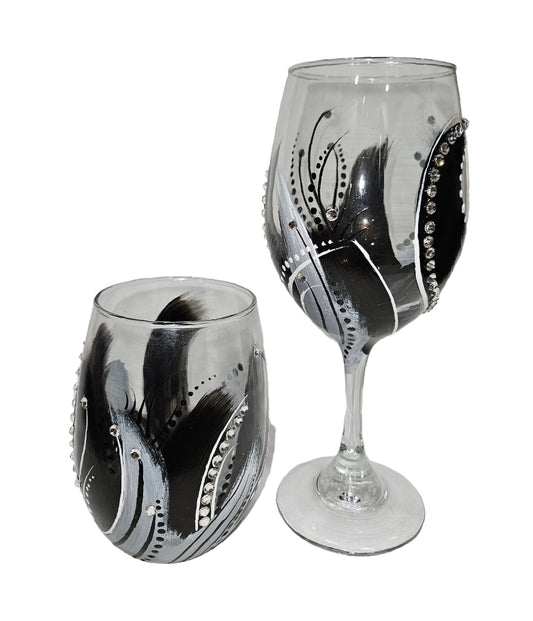 Black & Gray/Grey  Hand-Painted STEM  Wine Glass with Rhinestones ( STEM GLASS, 20oz)