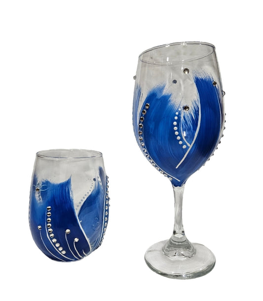 Blue Hand-Painted  Wine Glass Set with Rhinestones ( 1 STEMLESS 20.5 oz  glass + 1 STEM 20 oz glass)