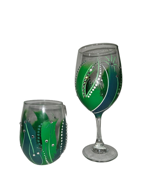 Green Hand-Painted SET of Wine Glasses with Rhinestones ( 1 STEM 20oz Glass + 1 STEMLESS 20.5 oz Glass)
