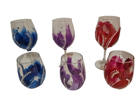 Hand-Painted Wine Glass SET with Rhinestones, STEM and STEMLESS SET