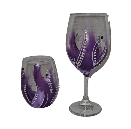 Purple: Hand-Painted SET of Wine Glasses ( 1 STEM 20oz glass + 1 STEMLESS 20.5os glass