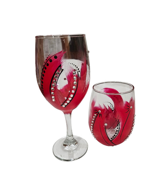 Red Hand-Painted STEMLESS Wine Glass with Rhinestones (20.5 oz STEM glass)