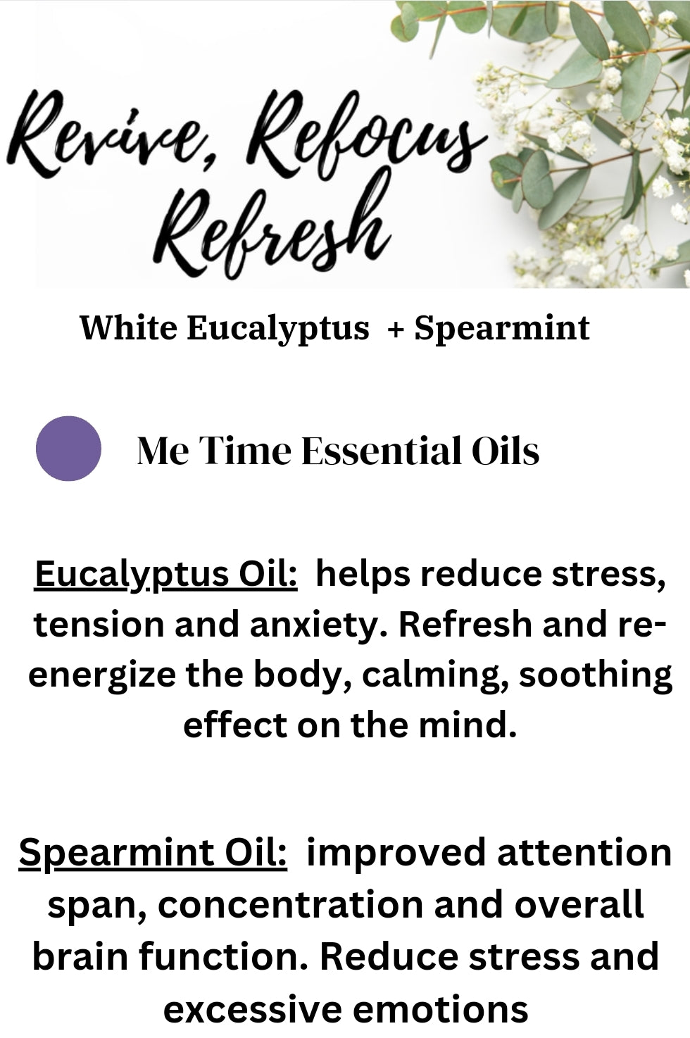 Revive, Refocus & Refresh~ White Eucalyptus +Spearmint ~ Eucalyptus Essentials for Emotional Wellness